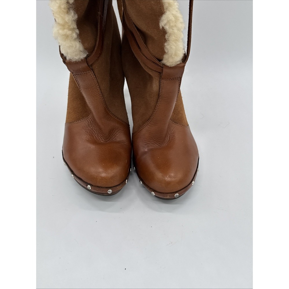 Michael Kors women's Brown Tall Sherpa Boots Heels Tie Fur  Warm Cozy 6.5 - Picture 6 of 11